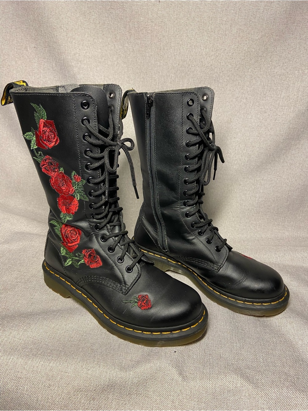 Dr. Martens Black Leather Lace-Up Boots with Red Rose Embroidery. Size 8